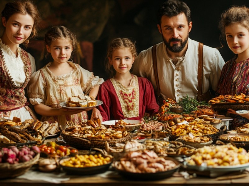 Eine Familie vor einem voll gedeckten Tisch. (KI-generiert)