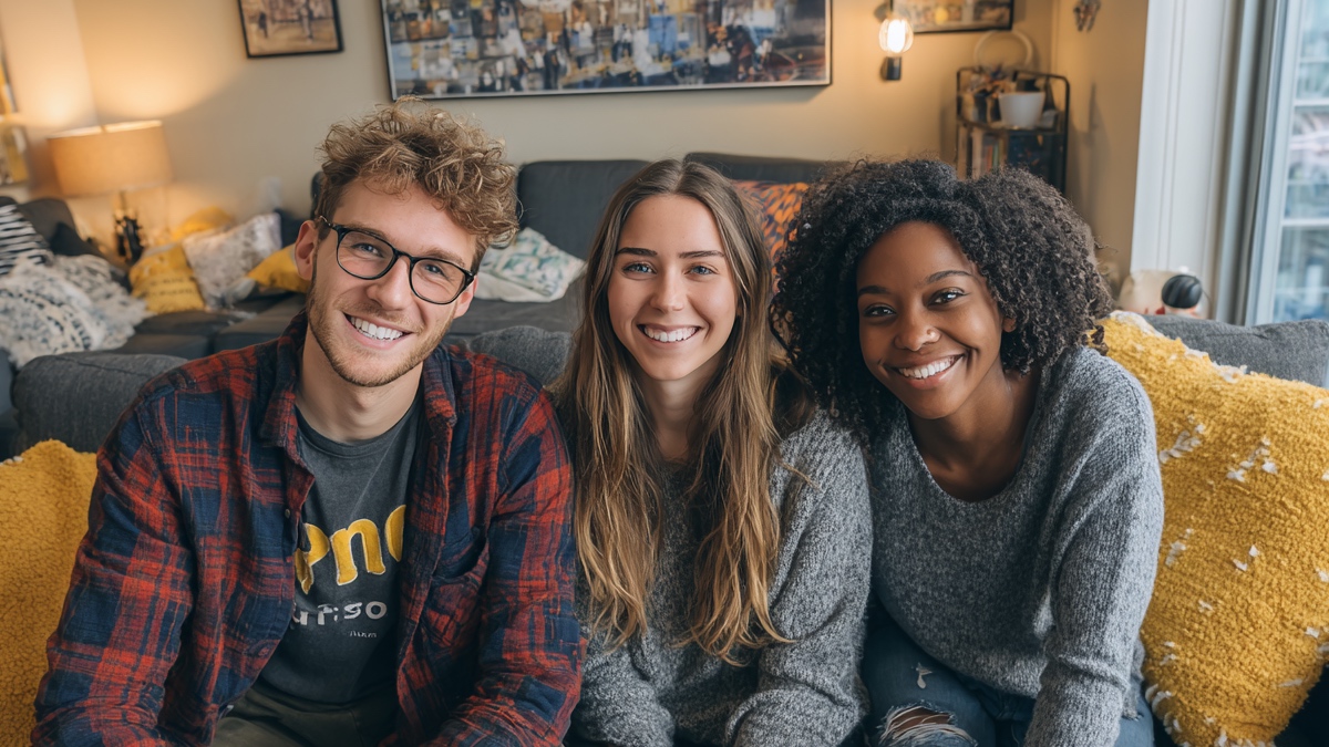Drei Studenten auf einem Sofa. (KI-generiert)