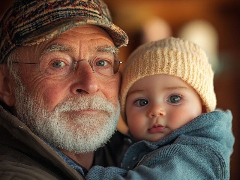 Ein alter Mann und sein Baby. (KI-generiert)