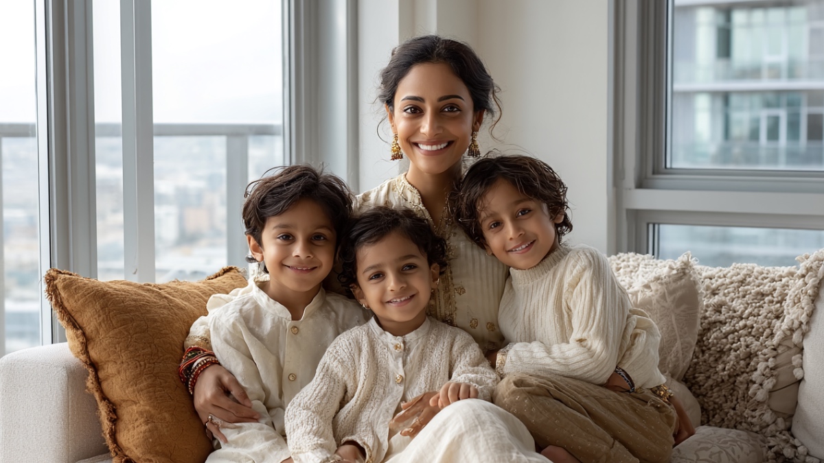 Indische Mutter mit Kindern. (KI-generiert)