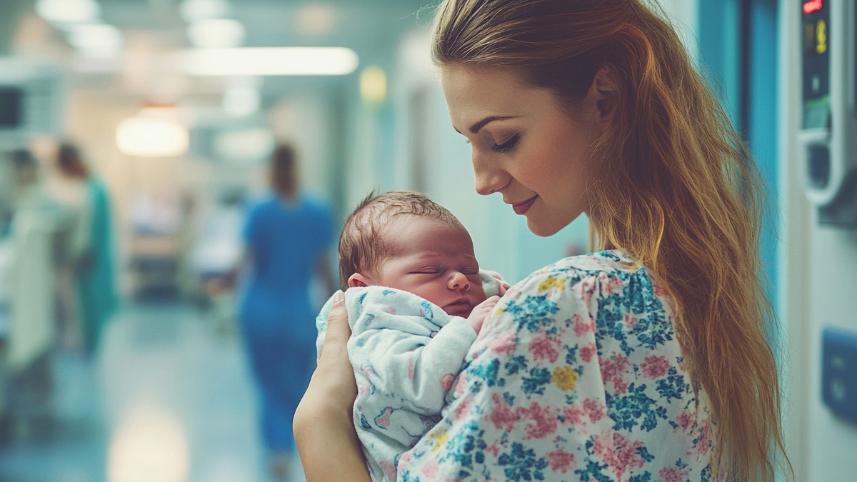 Frau hält Baby. (KI-generiert)