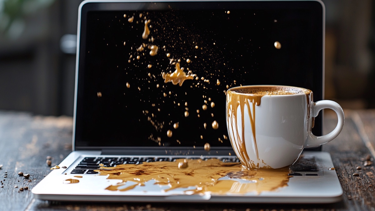 Kaffee spritzt auf einen Laptop. (KI-generiert)
