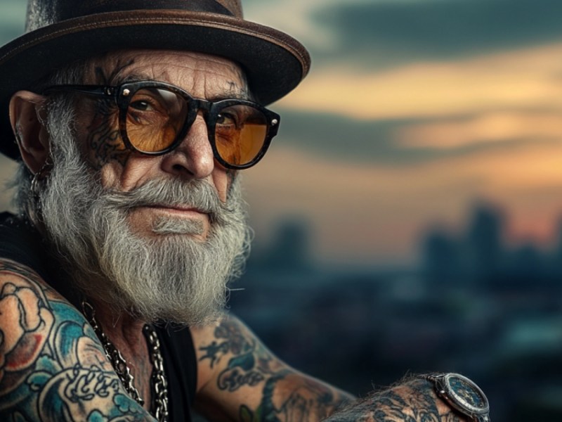 Alter Mann mit Tattoos.