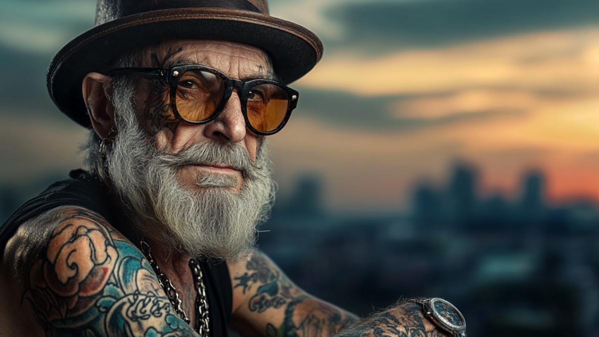 Alter Mann mit Tattoos.
