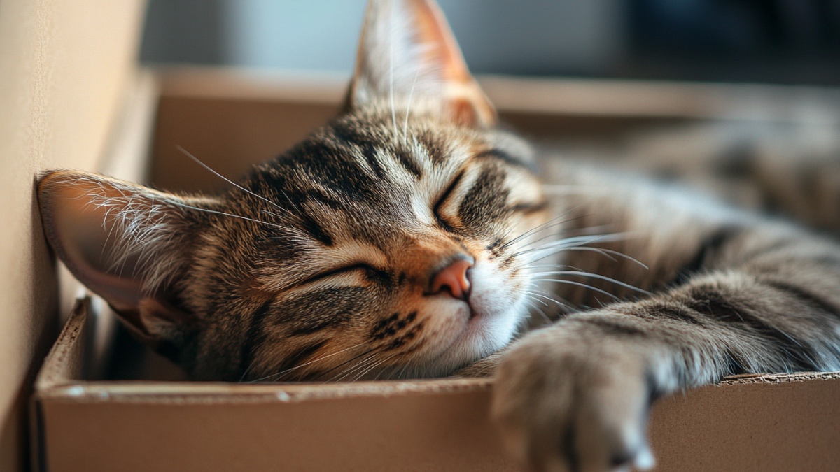 Katze schläft in einer Box. (KI-generiert)