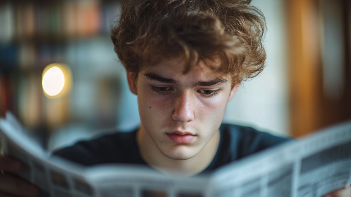 Ein 18-Jähriger liest die Zeitung. Er hat einen verlegenen Gesichtsausdruck. (KI-generiert)