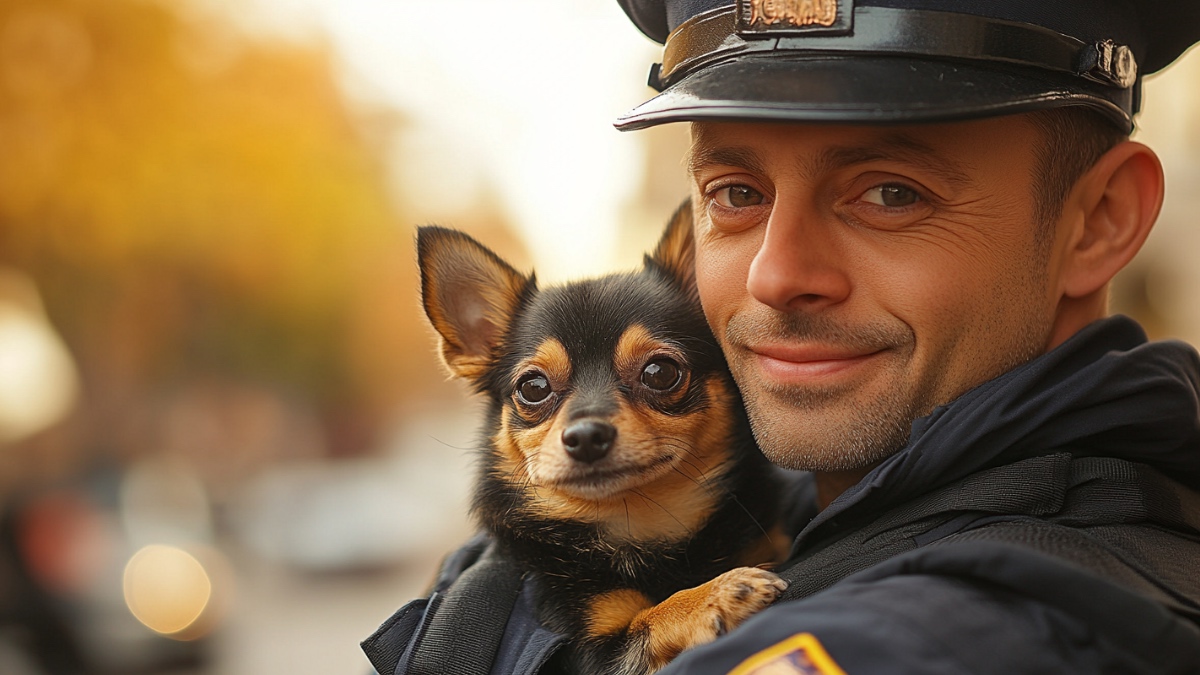 Polizist trägt kleinen Hund. (KI-generiert)