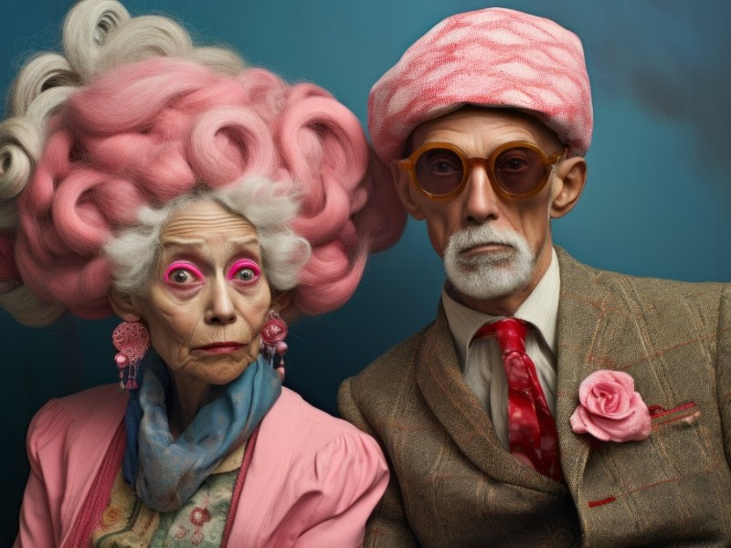 Ein altes Ehepaar in einer lustigen Verkleidung im Retro-Stil.