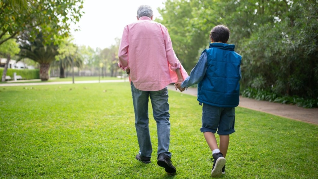 Ein Großvater spaziert mit seinem Enkel Hand in Hand über eine Wiese.