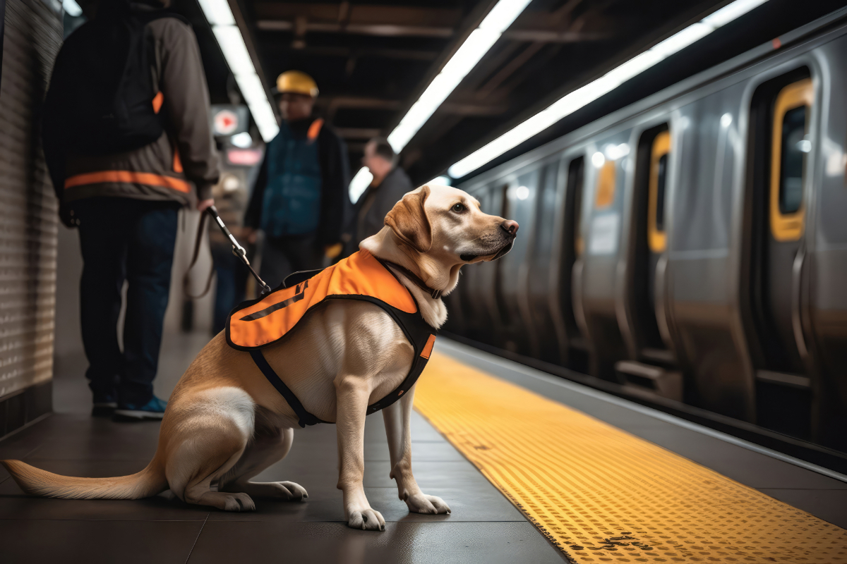 Ein Blindenhund und sein Halter warten in einer U-Bahn auf den Zug.
