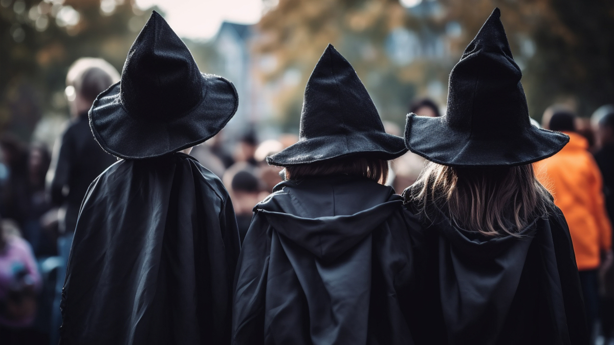 Drei Kinder, die an Halloween als Hexen verkleidet sind, von hinten fotografiert.