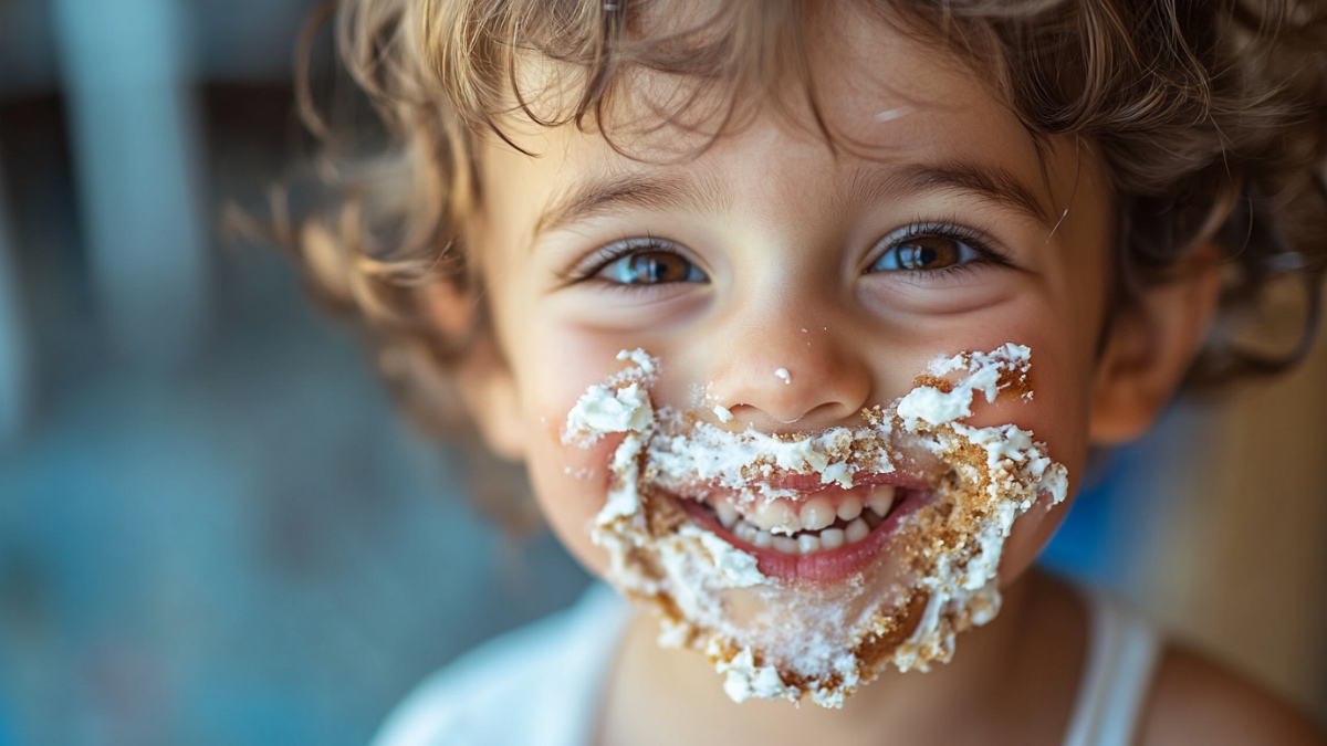 Ein Kind mit Kuchen im Gesicht. (KI-generiert)