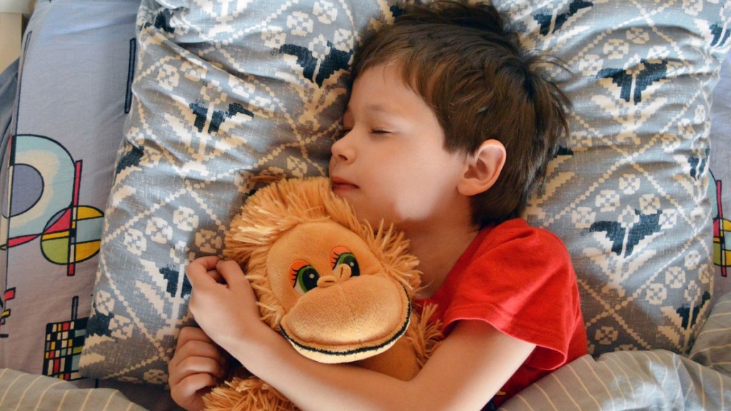 Ein schlafender Junge liegt im Bett und hält sein Kuscheltier im Arm.