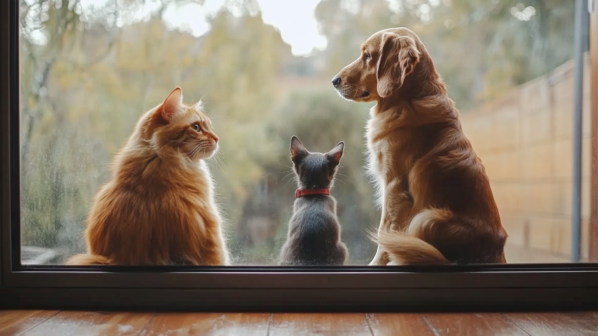 Tiere warten vor einer Glastür. (KI-generiert)