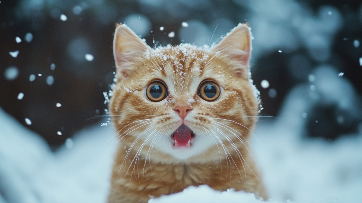 Eine überraschte Katze im Schnee. (KI-generiert)