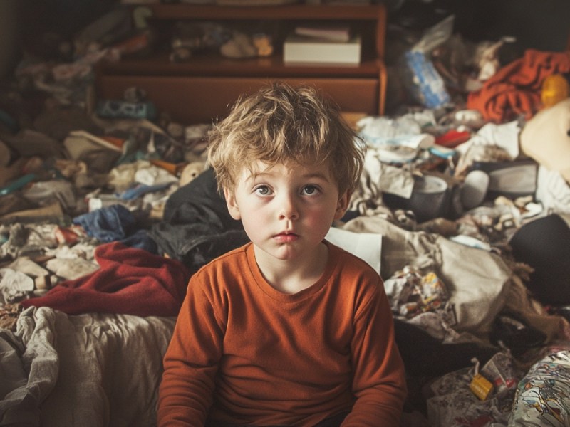 Kind in unaufgeräumtem Zimmer. (KI-generiert)