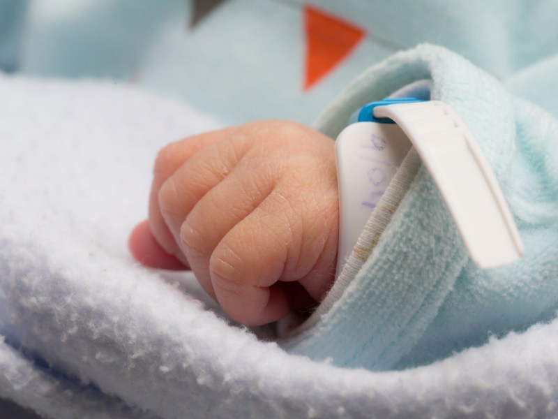 Die Hand eines Babys, das in einer Geburtenstation liegt.