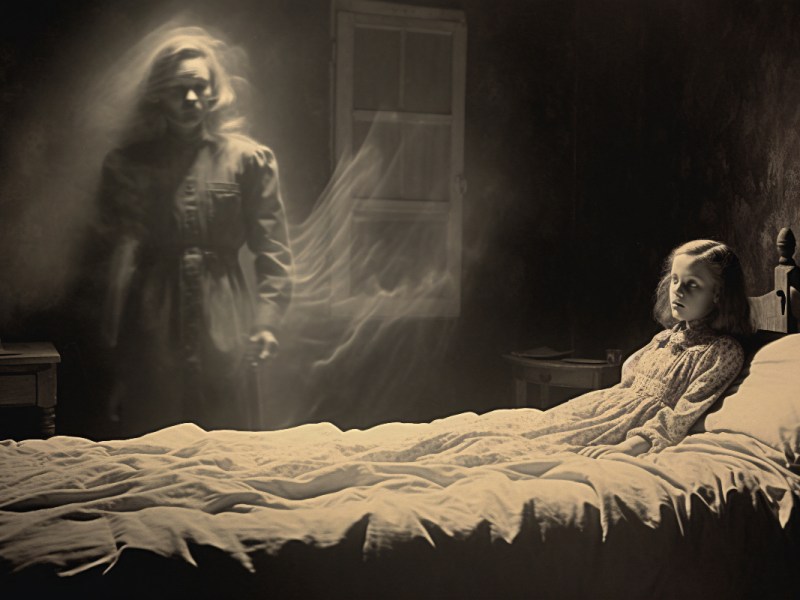 Eine geisterhaft aussehende Frau steht am Bett eines kleinen Mädchens, Foto in Schwarzweiß.