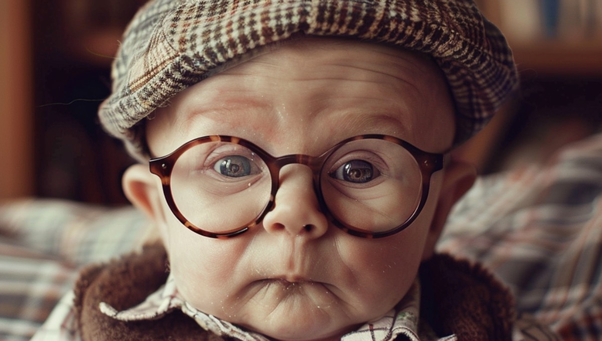 Ein lustiges Baby-Foto, von einem Baby mit Brille und Schiebermütze.