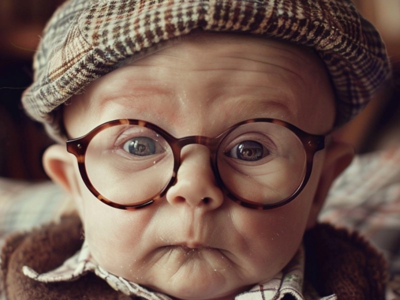 Ein lustiges Baby-Foto, von einem Baby mit Brille und Schiebermütze.