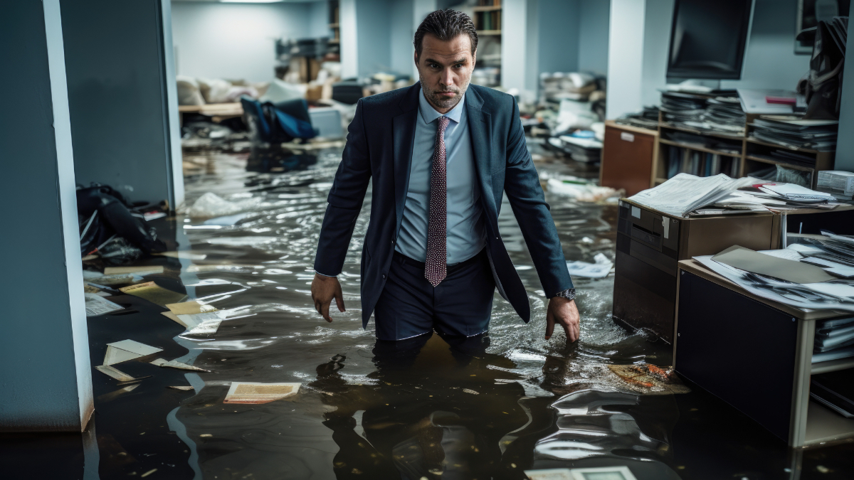Ein Geschäftsmann im Anzug steht in einem überschwemmten Büro.