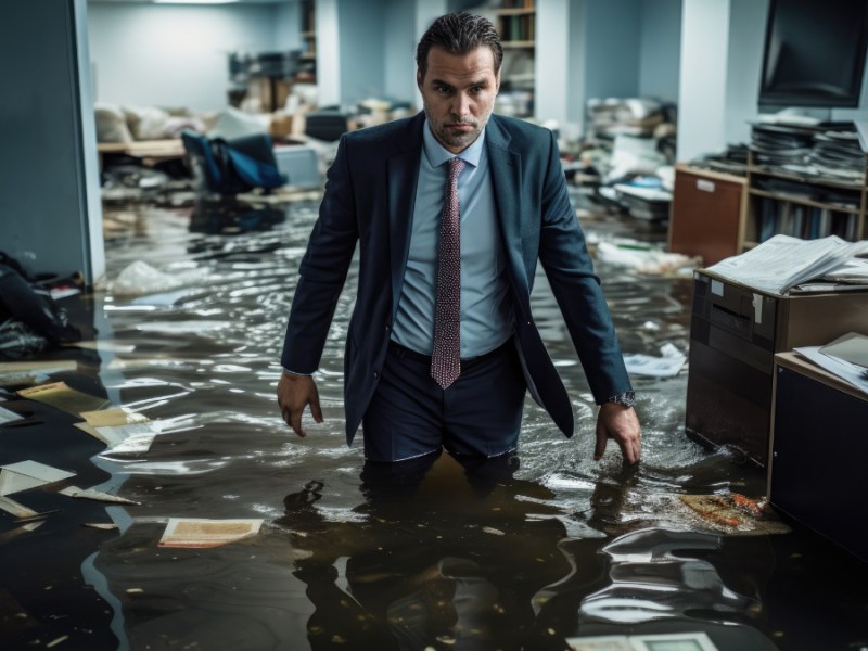 Ein Geschäftsmann im Anzug steht in einem überschwemmten Büro.