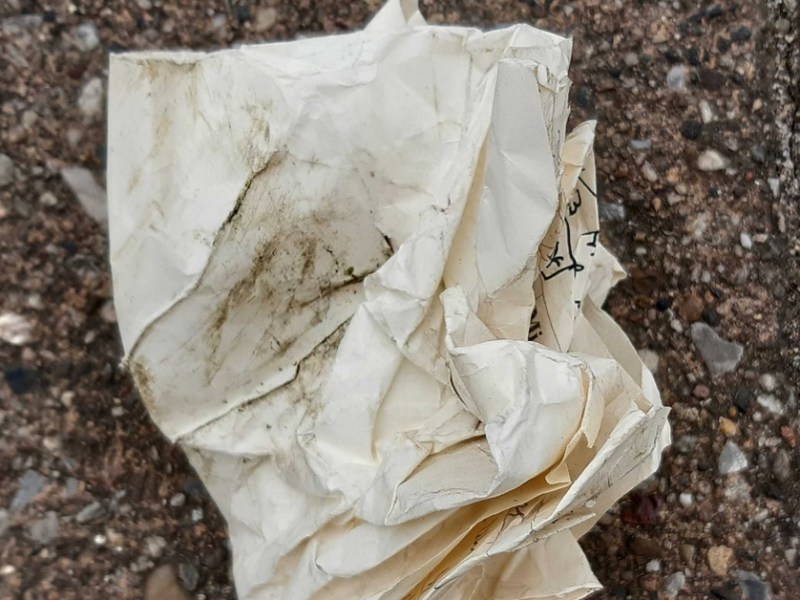 Ein zerknülltes Blatt Papier, das auf einer Straße liegt.