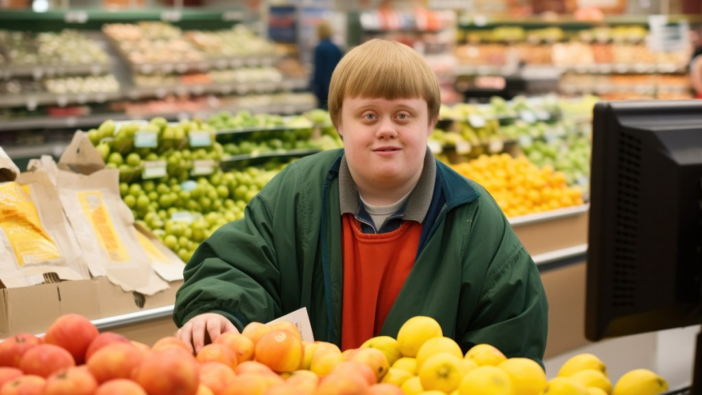 Ein junger Mann mit Down-Syndrom, der an der Obsttheke in einem Supermarkt arbeitet.