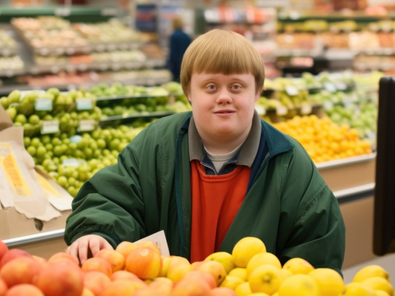 Ein junger Mann mit Down-Syndrom, der an der Obsttheke in einem Supermarkt arbeitet.