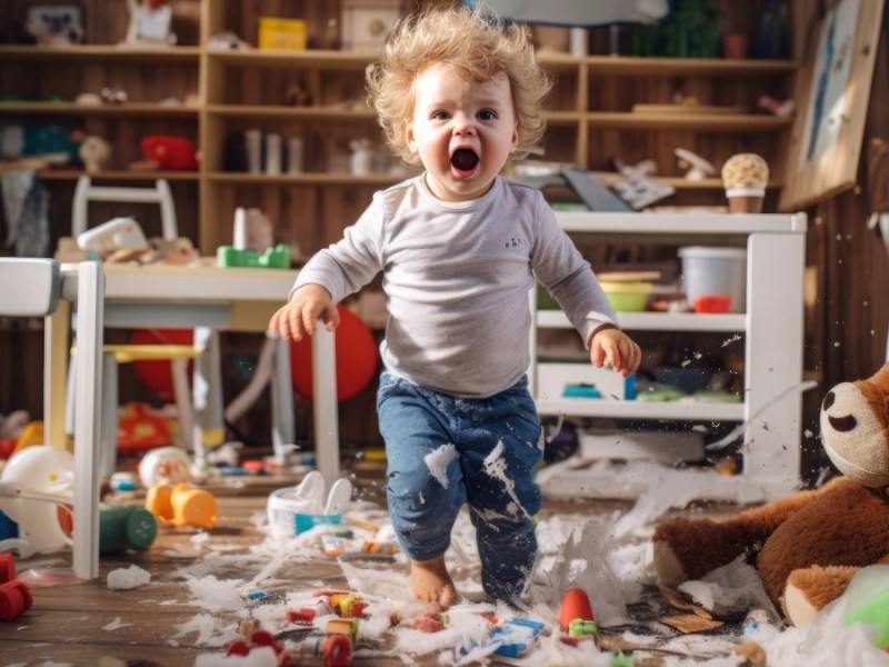 Ein verspieltes, hyperaktives Kind springt in seinem Spielzimmer auf und ab.