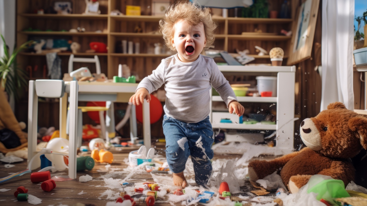 Ein verspieltes, hyperaktives Kind springt in seinem Spielzimmer auf und ab.