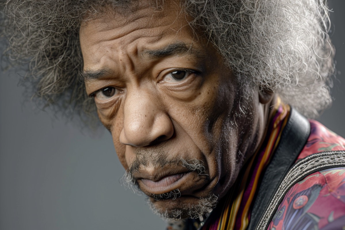 Ein KI-generiertes Porträt von Jimi Hendrix als alter Mann.