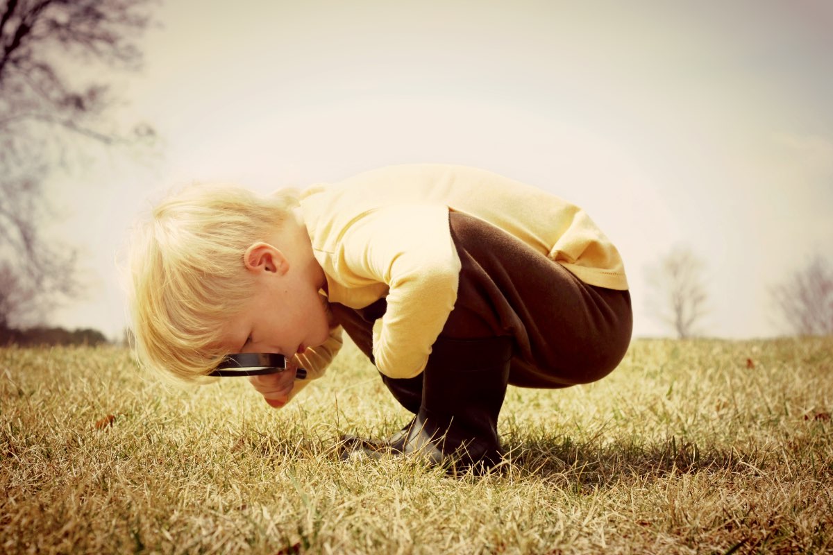 Ein kleiner Junge sucht forschend den Boden mit einer Lupe ab.