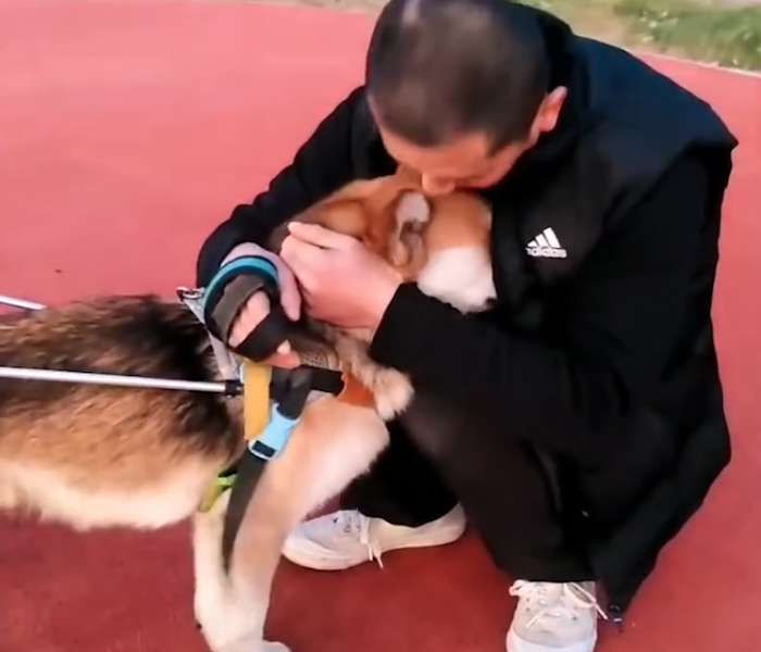 Ein Mann umarmt seinen Hund