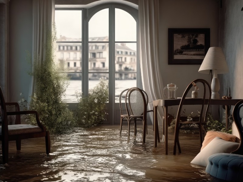 Ein überflutetes Zimmer mit teuren Möbeln.