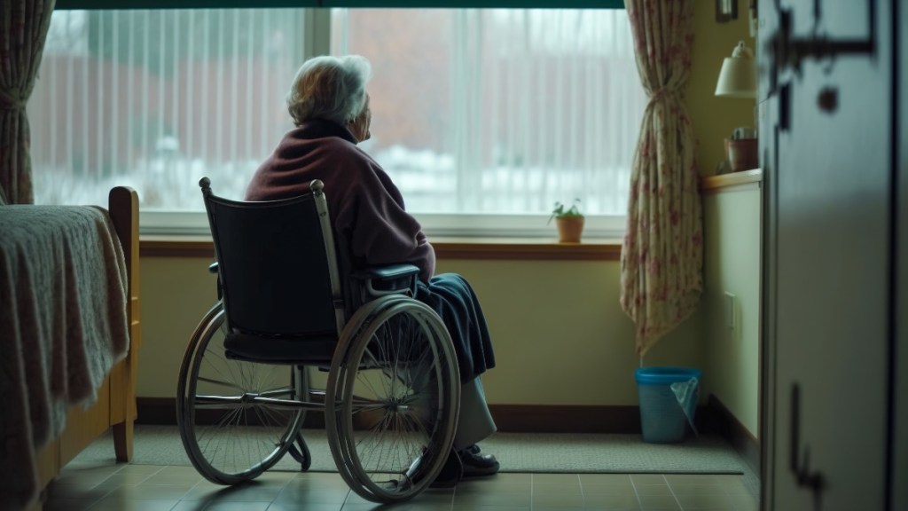Eine einsame Seniorin sitzt in einem Rollstuhl in einem Altersheim am Fenster.