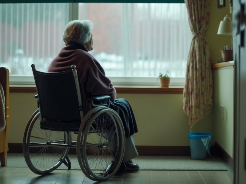 Eine einsame Seniorin sitzt in einem Rollstuhl in einem Altersheim am Fenster.
