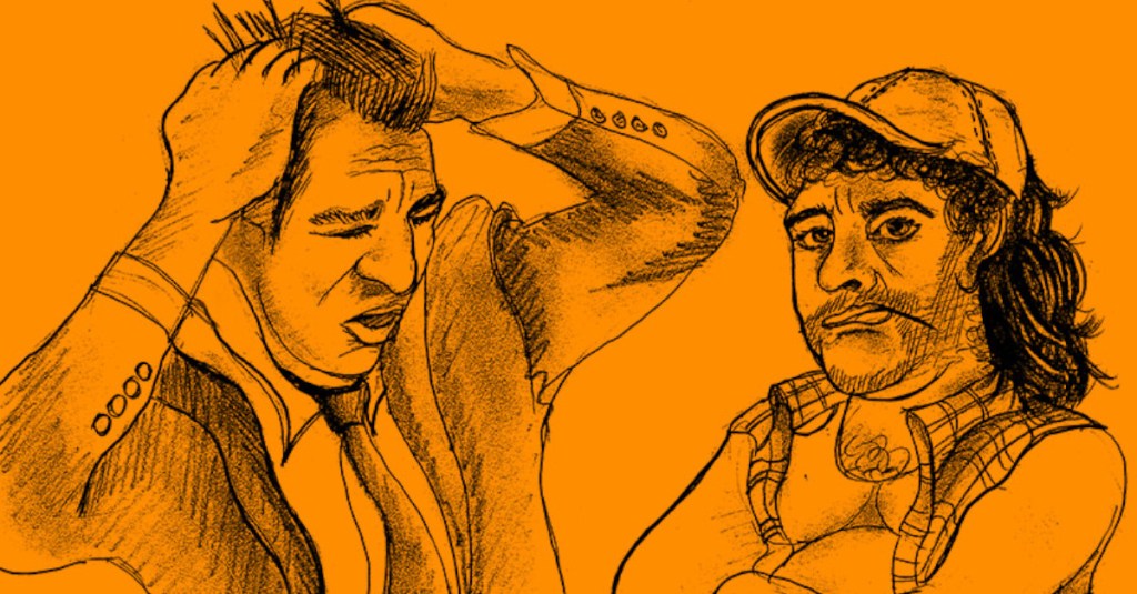 Eine Zeichnung vor orangenem Hintergrund zeigt zwei Männer im Gespräch und der Mann im Anzug rauft sich die Haare.