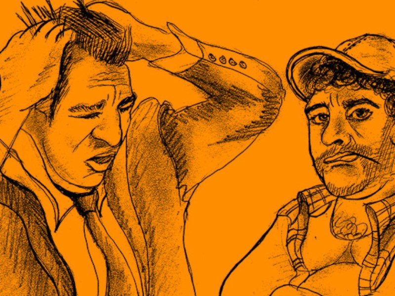 Eine Zeichnung vor orangenem Hintergrund zeigt zwei Männer im Gespräch und der Mann im Anzug rauft sich die Haare.