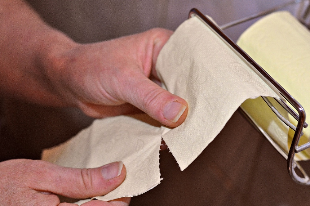 Eine Hand reißt ein Blatt Toilettenpapier von einer Rolle ab.