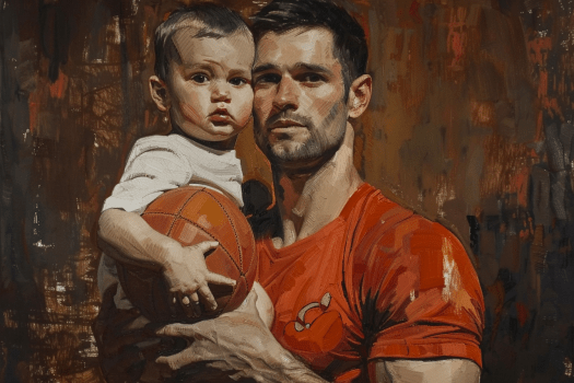 Illustration eines sportlichen Vaters mit kleinem Kind auf dem Arm.