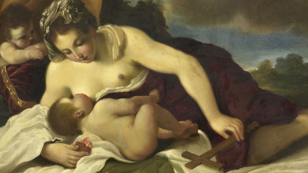 Altes Gemälde zeigt Frau, die ein Baby stillt.