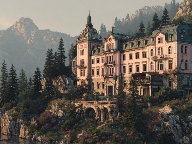 Hotel in traumhafter Landschaft. (KI-generiert)