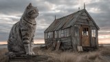 Katze vor einer Hütte. (KI-generiert)