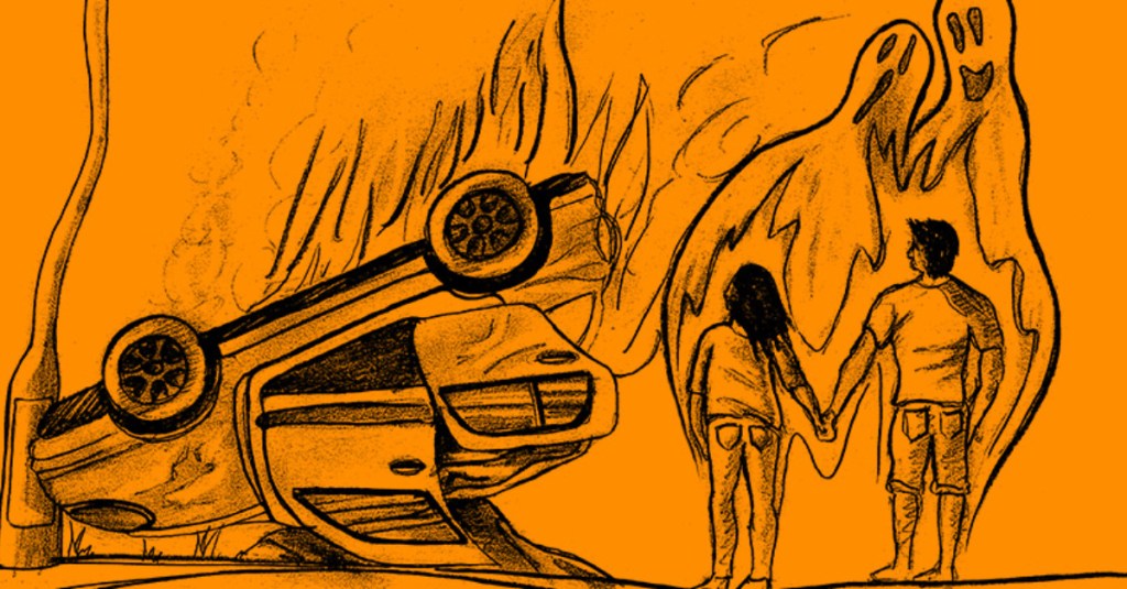 Eine Zeichnung von einem Paar, das neben einem brennenden Auto steht.