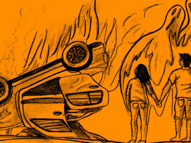 Eine Zeichnung von einem Paar, das neben einem brennenden Auto steht.