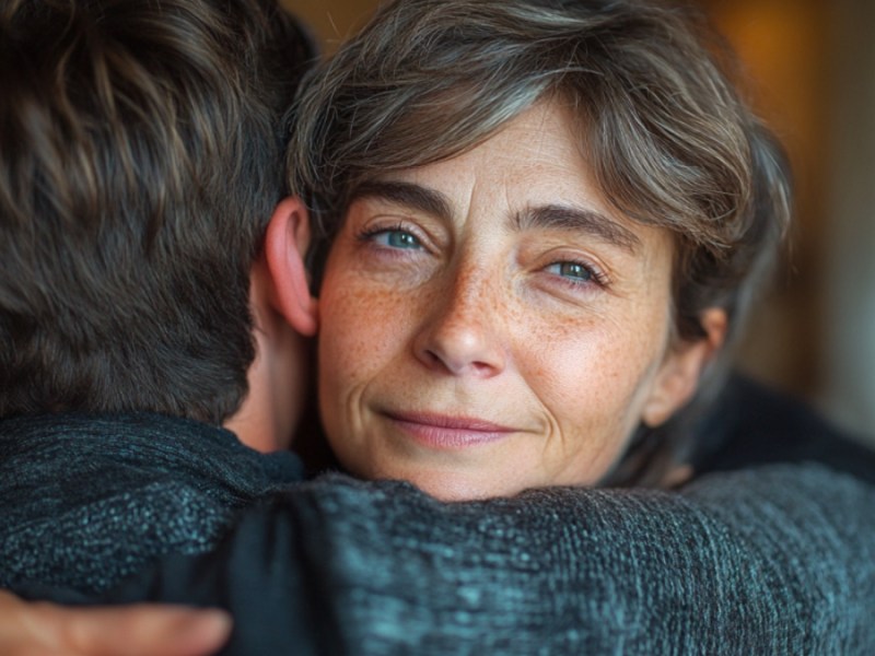 Frau umarmt jungen Mann. (KI-generiert)