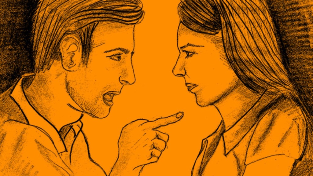 Eine Zeichnung von einem jungen Paar, das sich streit, vor orangefarbenem Hintergrund.
