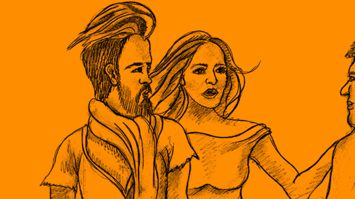 Eine Zeichnung von einer jungen Frau, die ihren Freund ihrem Vater vorstellt, auf orangefarbenem Hintergrund.