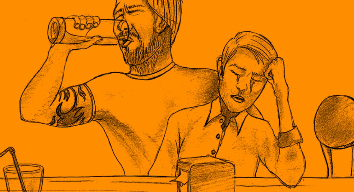 Eine Zeichnung von einem Mann, der neben einem weinenden Gast in einer Kneipe ein Bier trinkt.